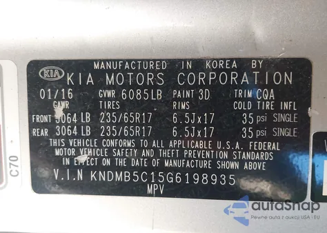 2016 Kia Sedona Lx from USA, damaged, VIN KNDMB5C15G6198935